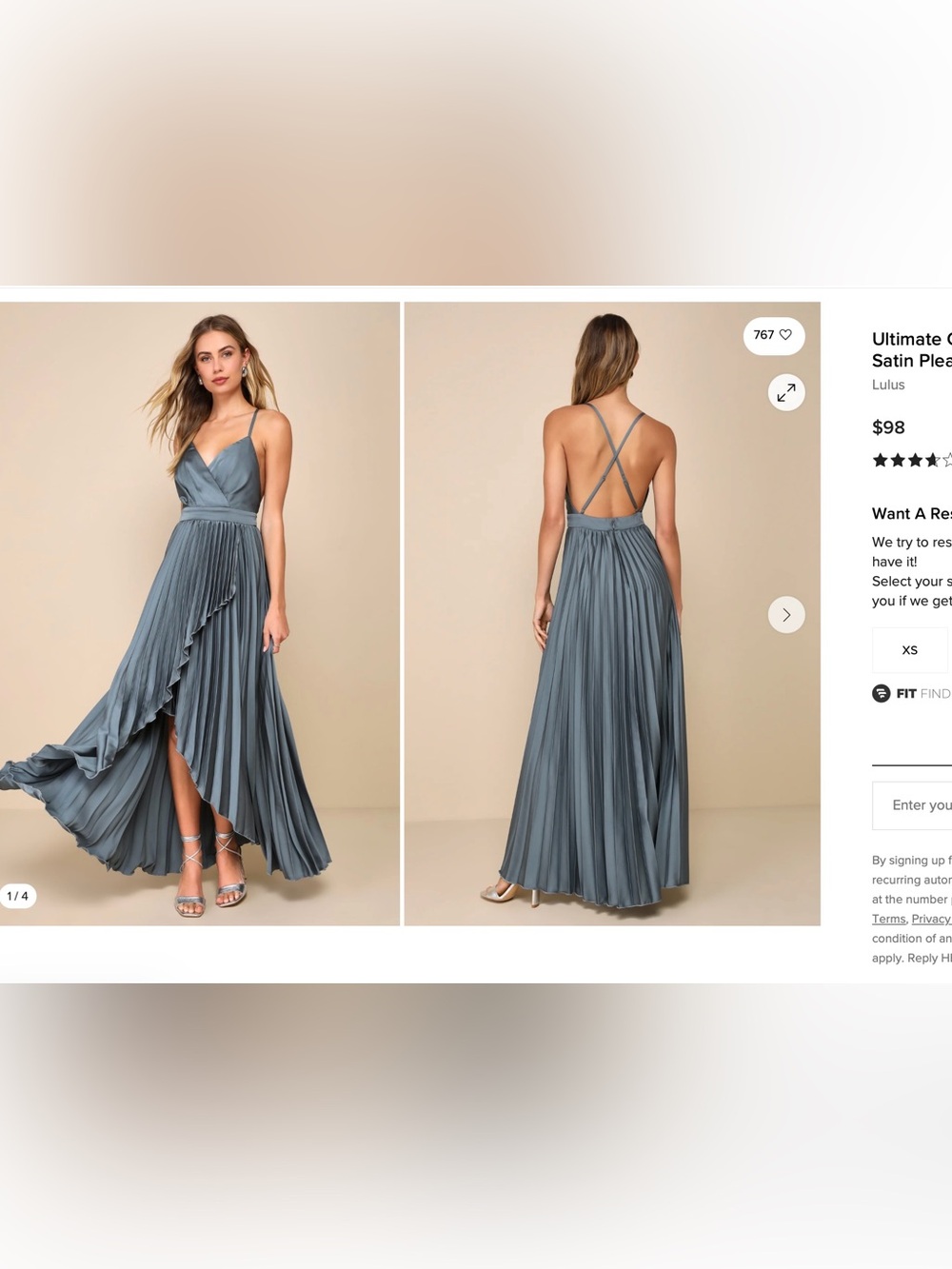 NWT - Ultimate Charm Dark Sage Grey Satin Pleated High-Low Maxi Dress